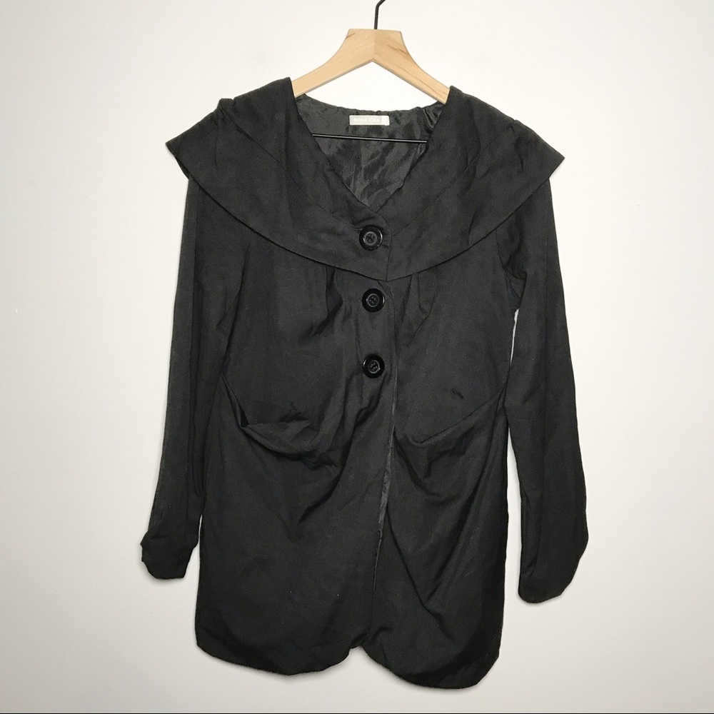 Rosa Cha Black Wool Button Drape Coat S FLAW